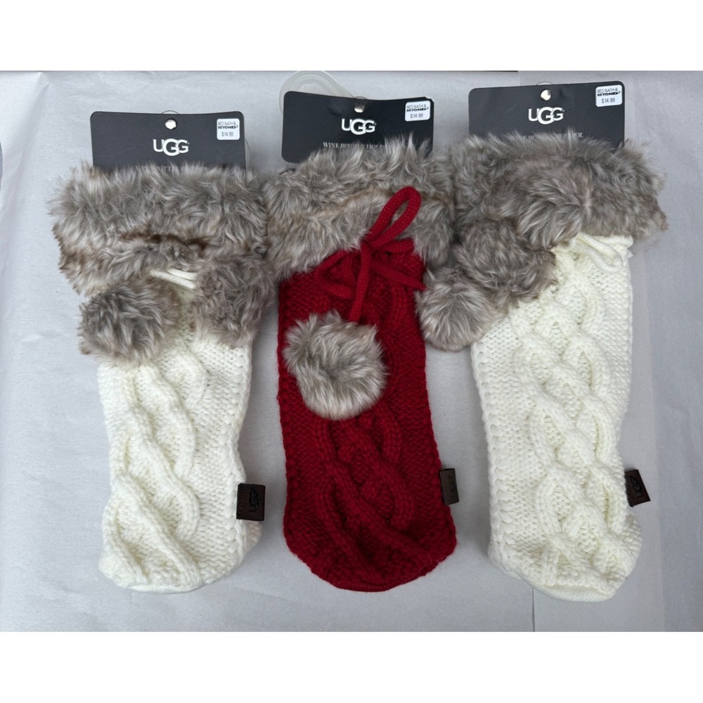 SET OF 3 UGG Wine Bottle Holder Knit Pom Pom's Red, WHITE KNIT‎ Fur 11.5x4